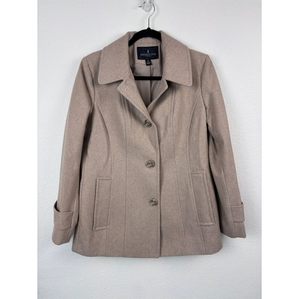 London Fog women's medium camel tan wool blend button front collared winter coat